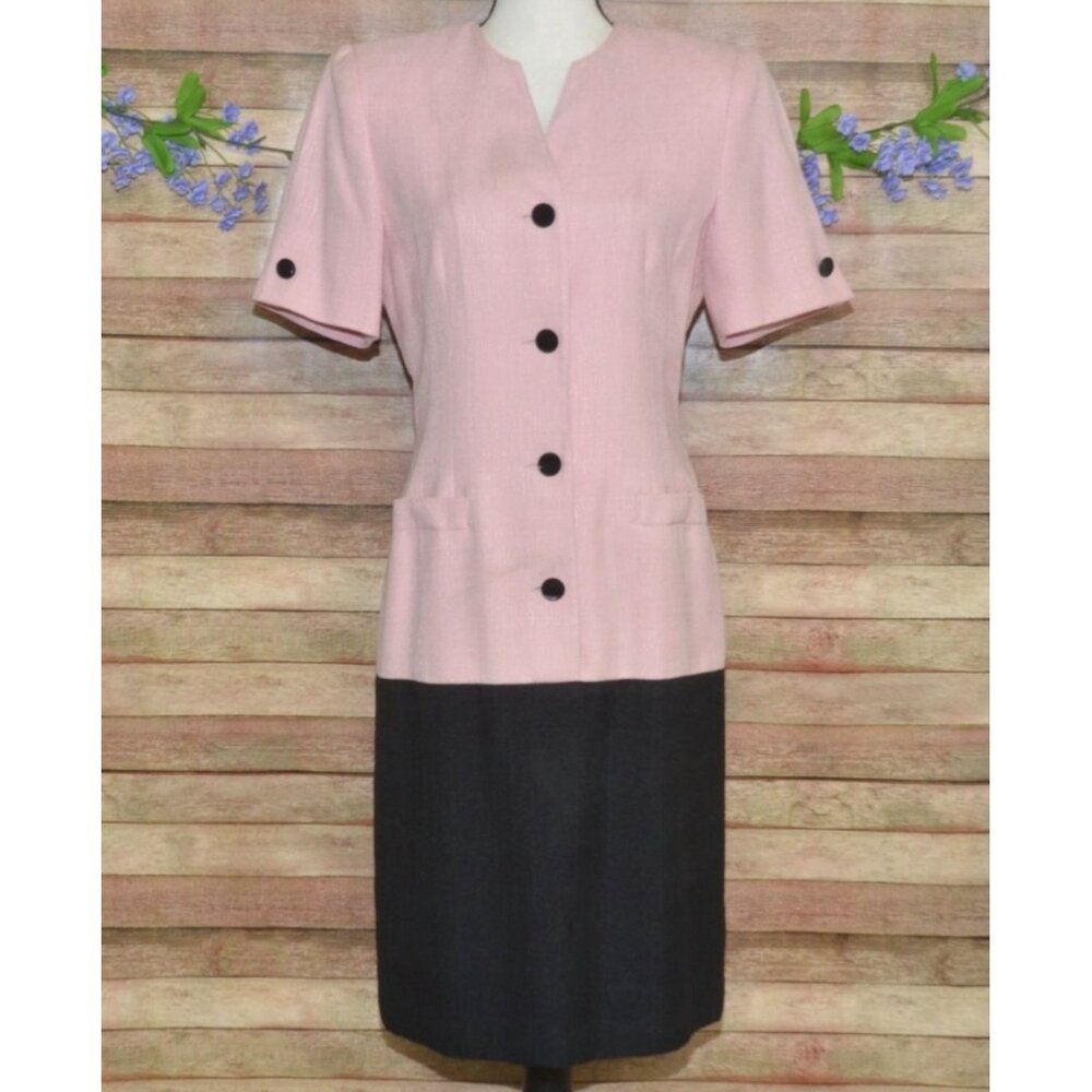 VTG 90's Kasper ASL Pink Black Sheath Dress Career Office Textured Retro Size 8